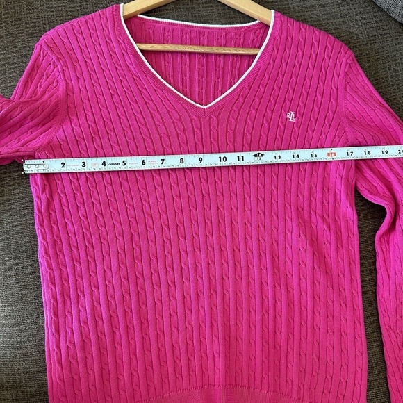Ralph Lauren Active Cable Knit Sweater Womens Pink V Neck Long Sleeve Medium - Picture 9 of 9